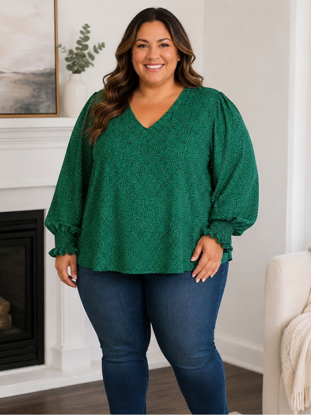Adrianna Papell 2X Green Micro Print V Neck Smocked Cuff Long Sleeve Blouse